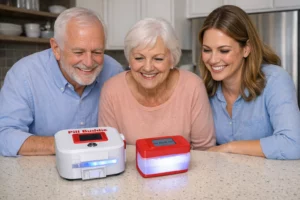 Smiling older man, older woman and younger woman at a kitchen counter looking at a white Pill Buddie pill dispenser and a red Pill Buddie Mini